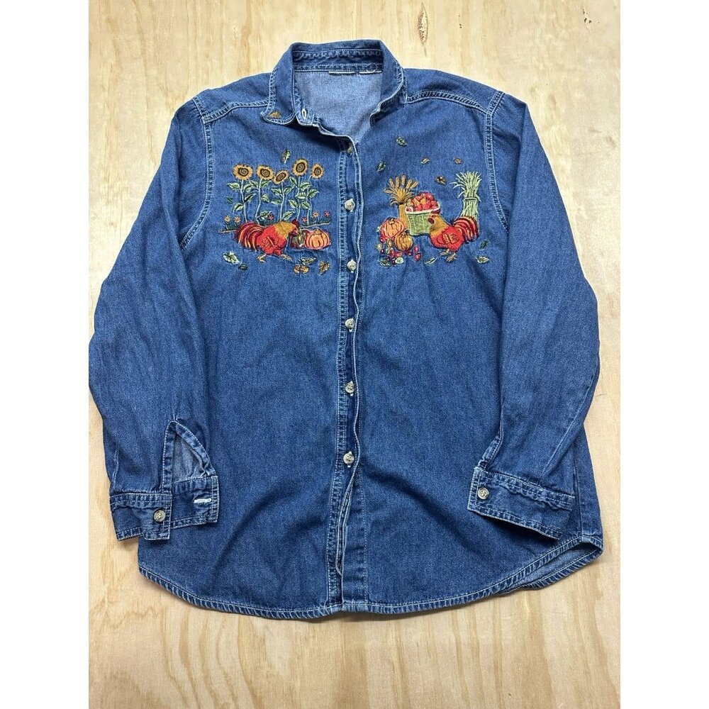 Embroidered‎ Fall Pumpkin Denim Shirt Women’s No Size Tag L Thanksgiving Harvest